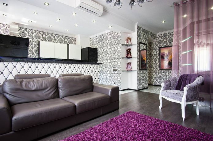 living room with black and white wallpaper
