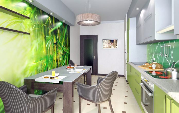Green wallpaper in the kitchen in a modern style
