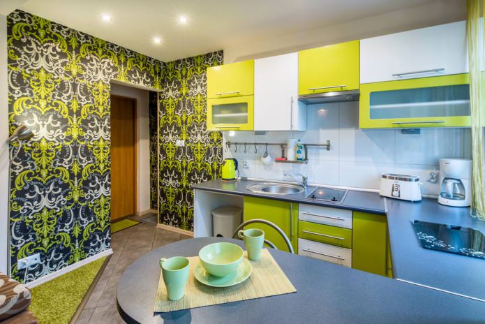 green wallpaper in kitchen design
