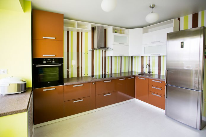 stylish and bright kitchen interior with green striped wallpaper