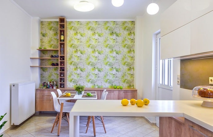 Zöld tapéta a konyhában, modern stílusban