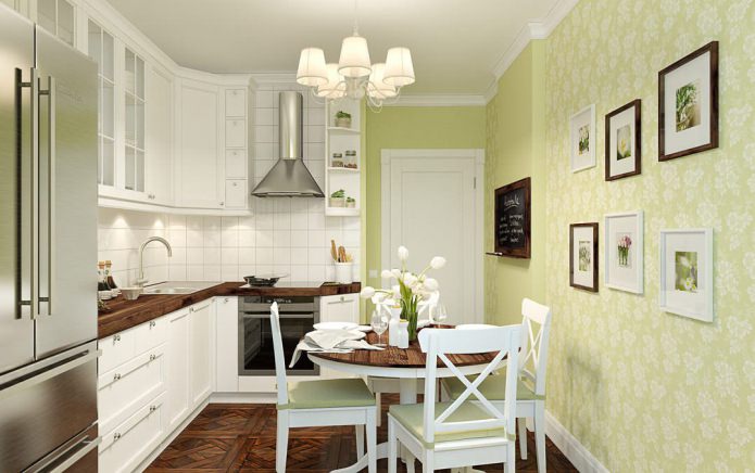 Traditional kitchen design with light green wallpaper
