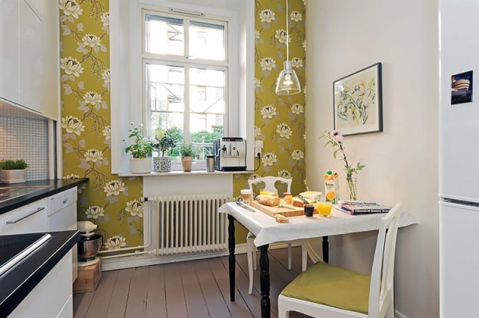 Green floral wallpaper in scandinavian style kitchen design