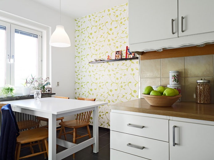 White-green wallpaper with floral ornaments in kitchen design