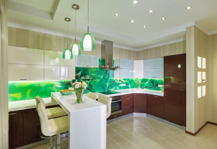 green wallpaper in the interior of the kitchen