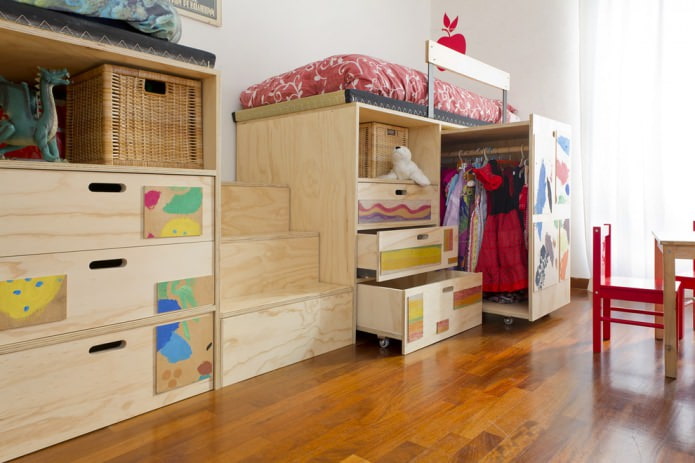 bed with pull-out shelves and wardrobes