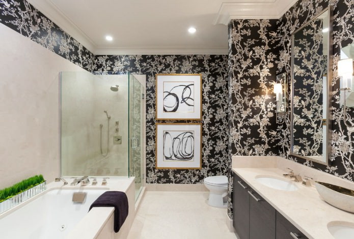 dark wallpaper with a pattern in the interior of the bathroom