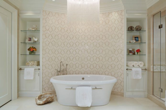 beige wallpaper with an ornament in the bathroom