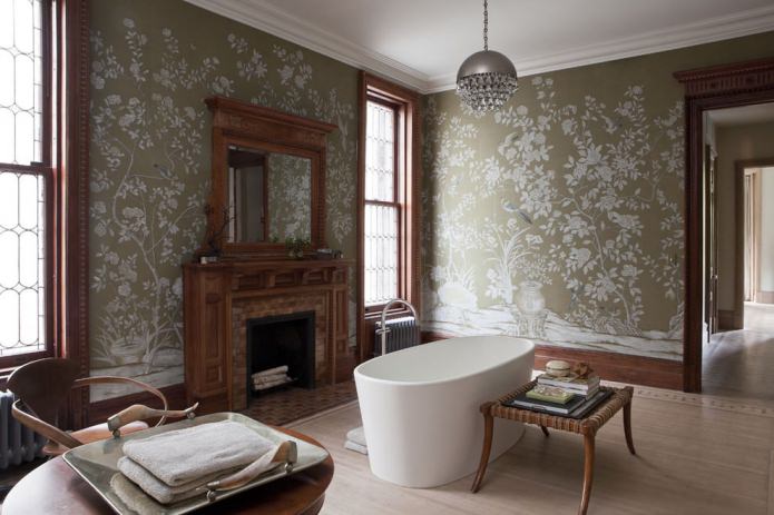 green wallpaper in the interior of a bathroom with a fireplace