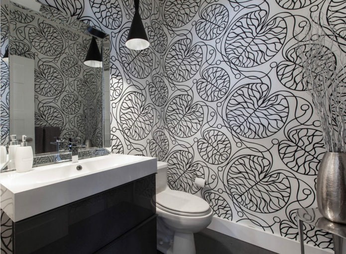 Self-adhesive wallpaper with black and white pattern in the bathroom