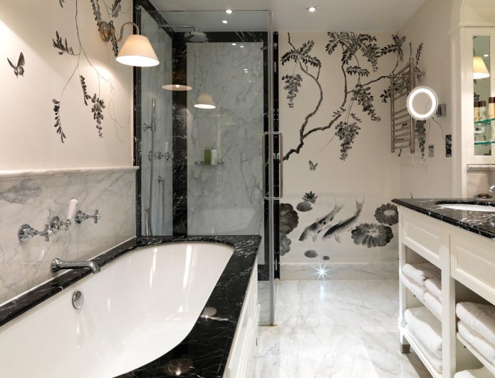 black and white wallpaper with a pattern in the bathroom