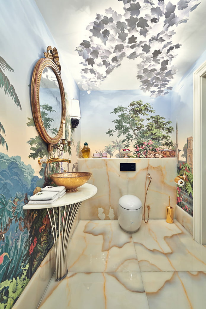 trópusi stílusban 3D háttérképpel díszített WC