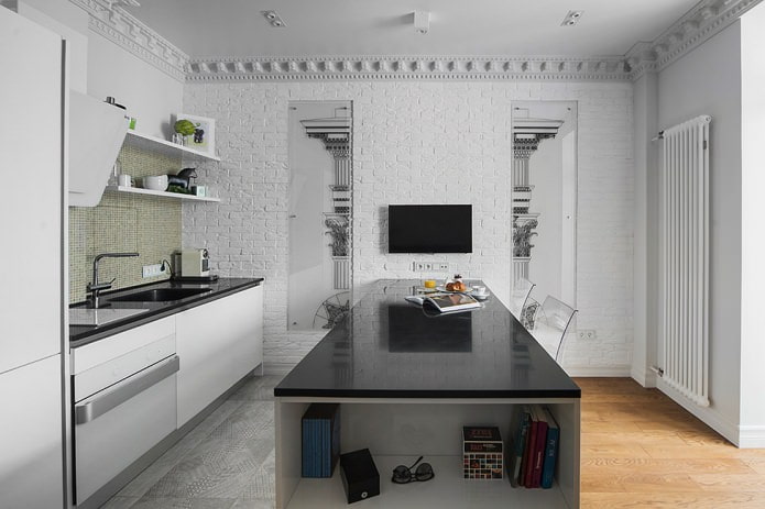 island kitchen with black glossy worktop