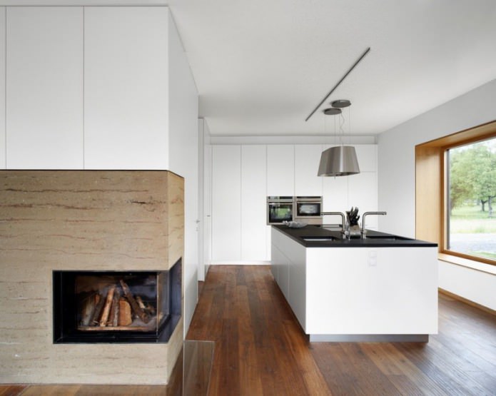 fireplace sa isang puting kusina sa estilo ng minimalism