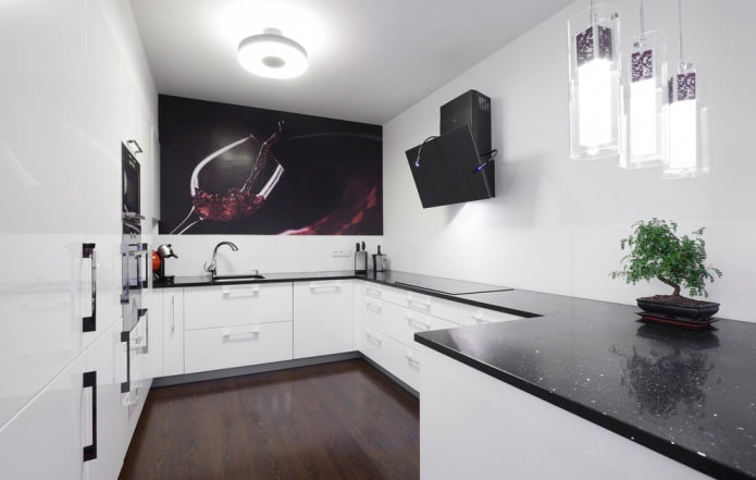 photo wallpaper in the kitchen with black countertop