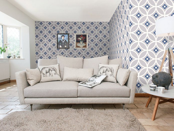 living room interior in modern style with gray-white-blue patterned wallpaper