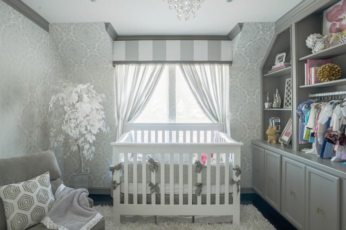 Gray wallpaper in the nursery for a newborn