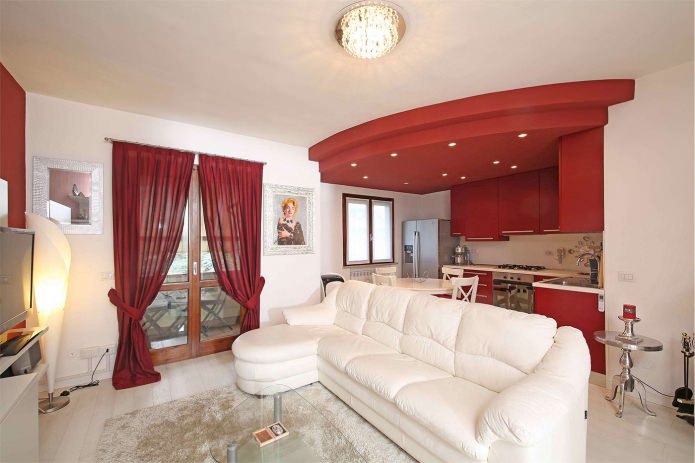 Red curtains in the interior of the living room