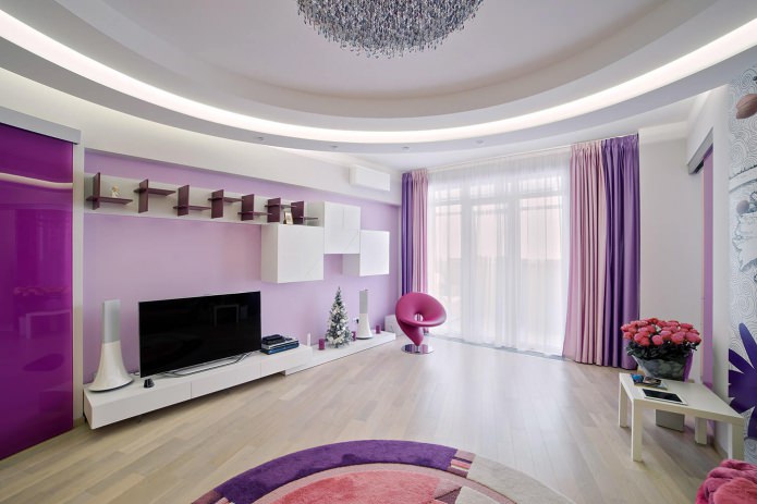 purple curtains in the interior of the living room