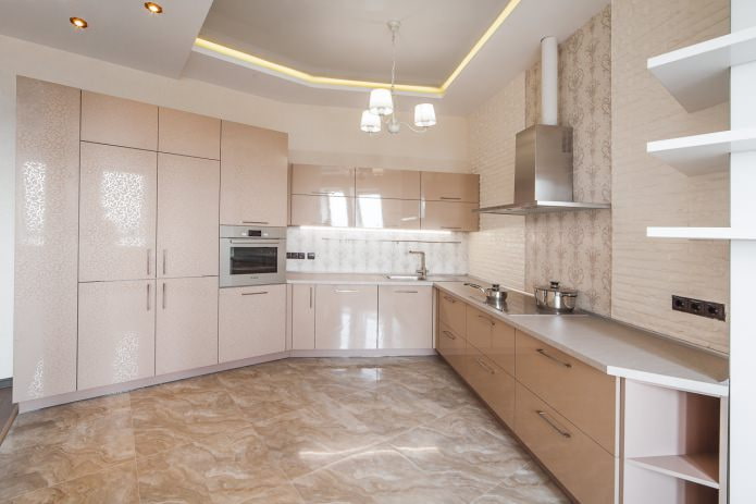 Beige and white ceiling in the kitchen