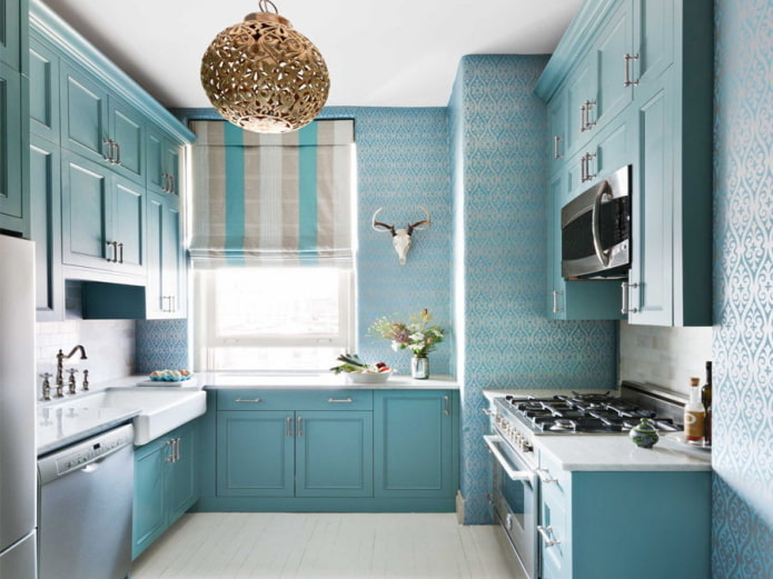 blue kitchen with roman blind