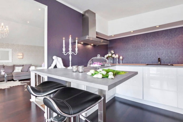 wallpaper in the interior of the kitchen in purple tones