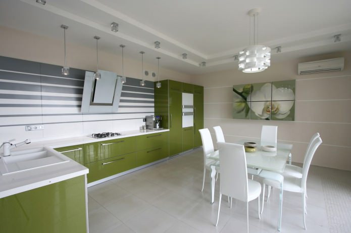 beige wallpaper in the kitchen with a green set