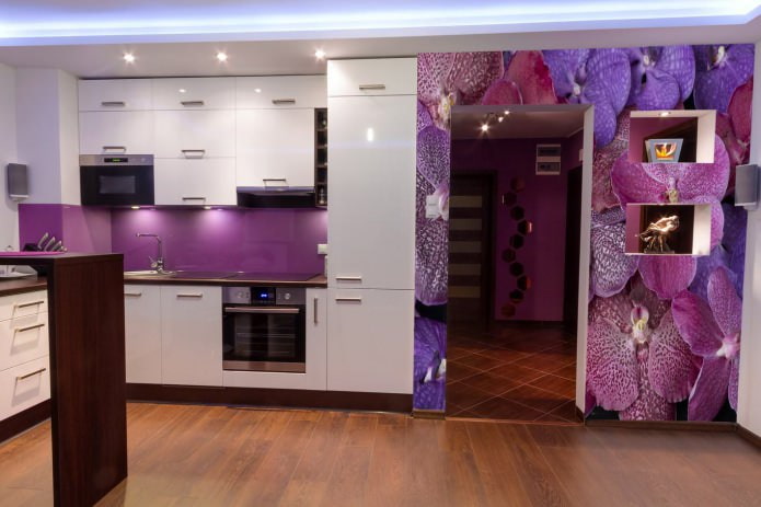 purple self-adhesive wallpaper instead of an apron in the kitchen