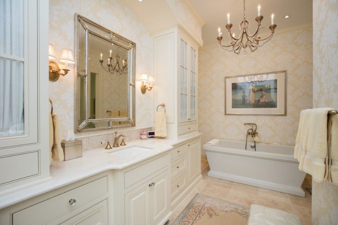 wallpaper with ornaments in a classic bathroom