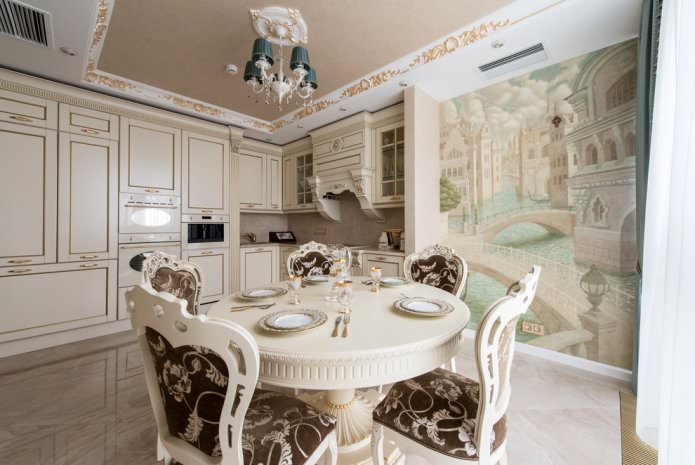 beige ceiling in the kitchen in the classic style