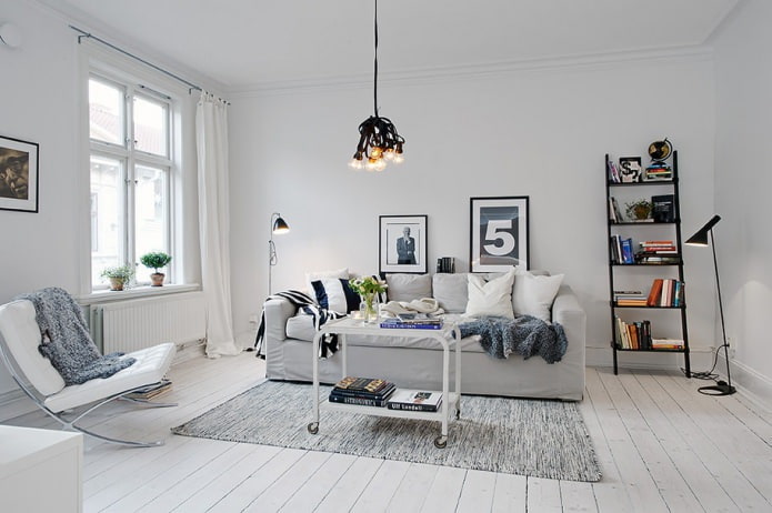 snow-white living room in Scandinavian style