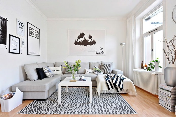 fehér falak a nappaliban skandináv stílusban