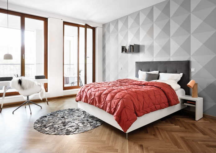 gray 3D wallpaper in the interior of the bedroom