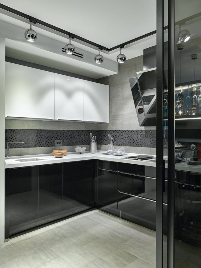 Design of a small kitchen with a black headset