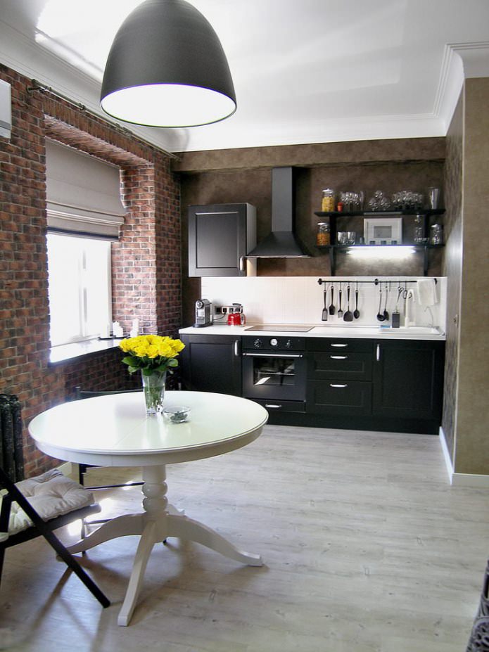 black set in the interior of a small kitchen