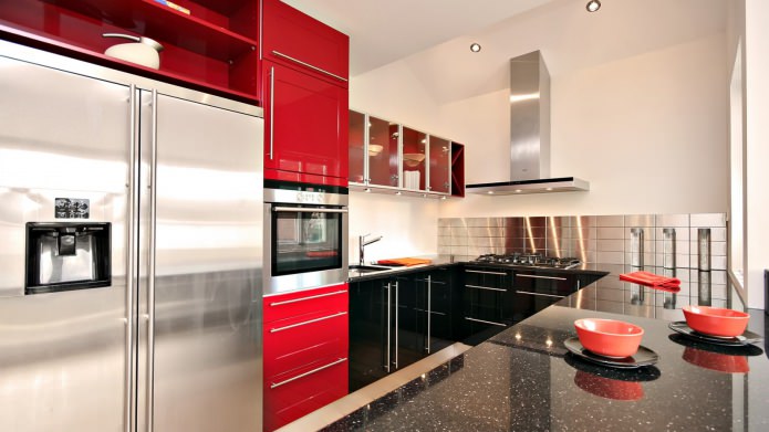 kitchen with black and red set
