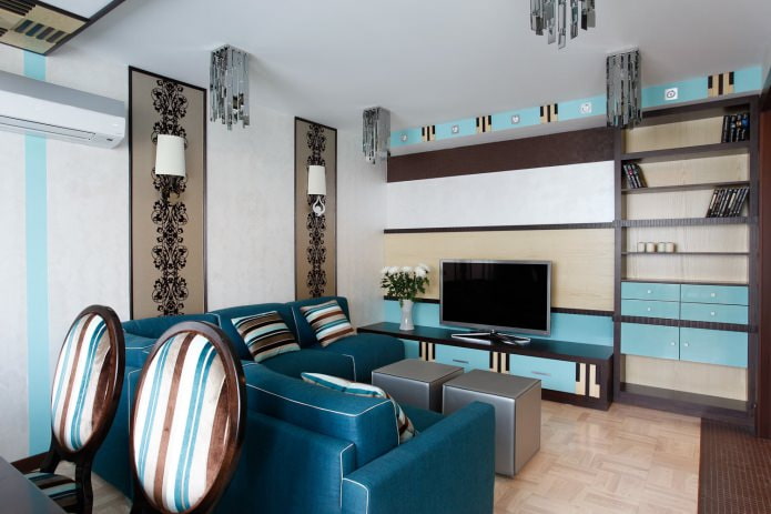 Brown and blue living room interior