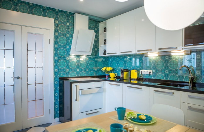 kitchen with blue wallpaper