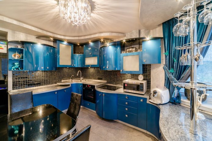 Beige and blue interior of modern kitchen
