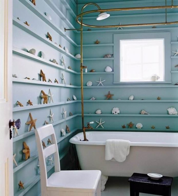 blue walls with shelves in the bathroom