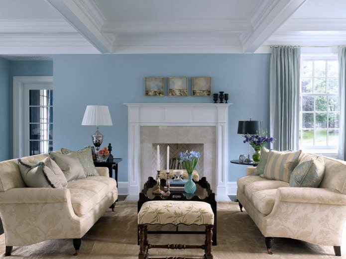 Beige and blue living room interior