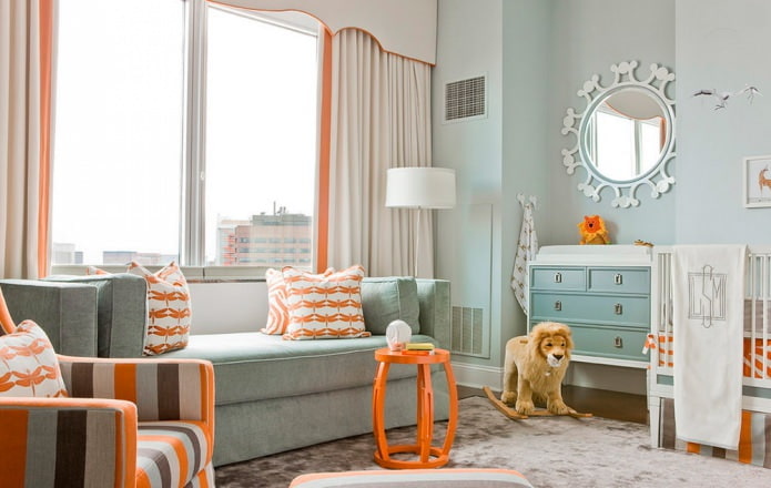 Orange and blue interior of the nursery in a modern style