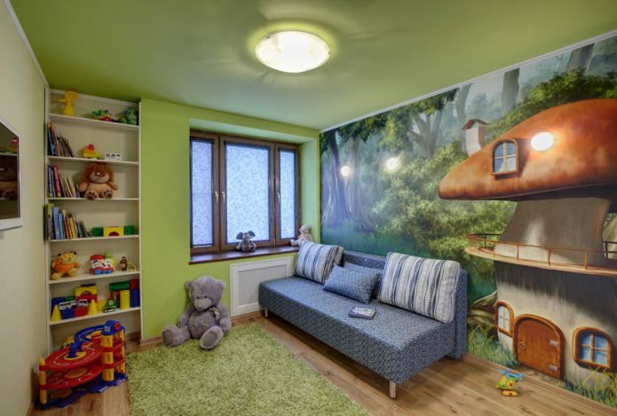 เพดานยืดระดับเดียวสีเขียวในห้องเด็ก