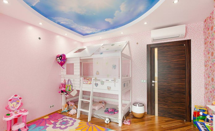 Two-level stretch ceiling for a nursery