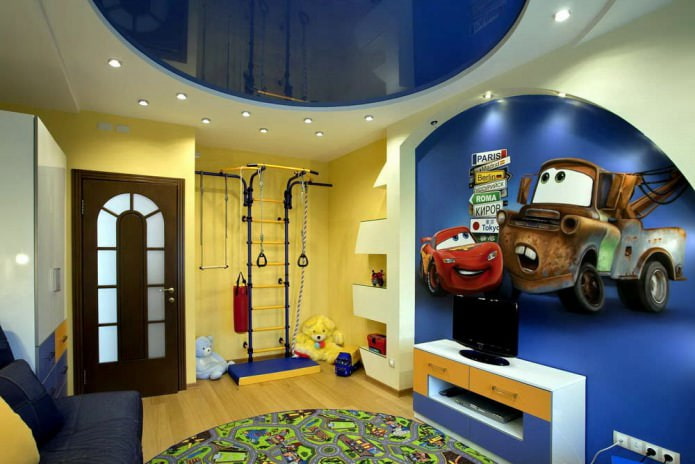 stretch ceiling made of glossy blue PVC in the nursery for a boy