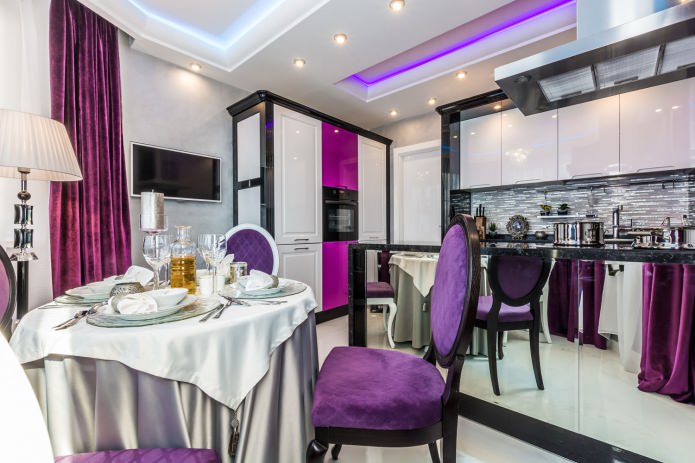 kitchen in white and purple tones with black accents