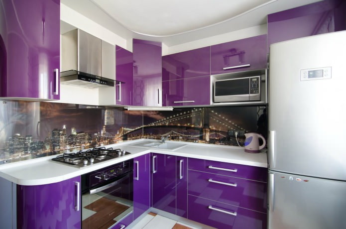 purple kitchen set with photo print apron