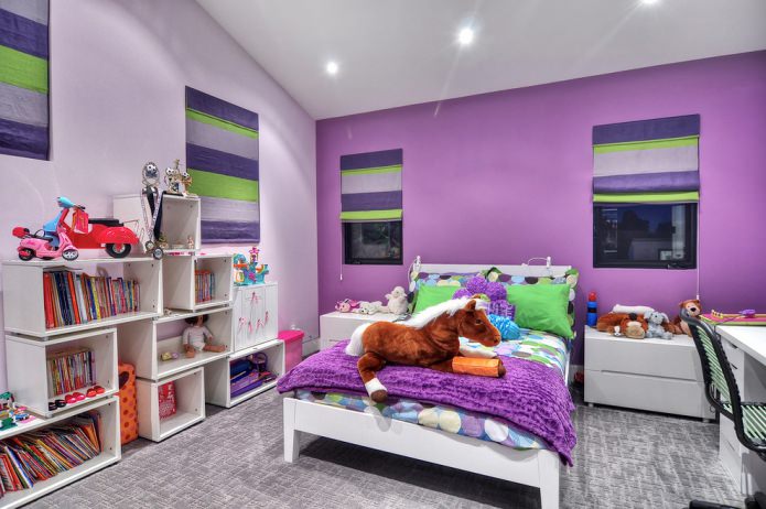nursery in purple tones with green accents