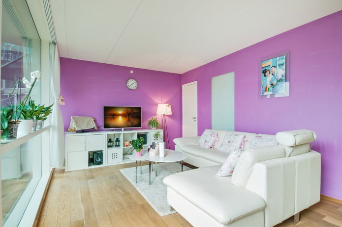 White with purple in the interior of the living room
