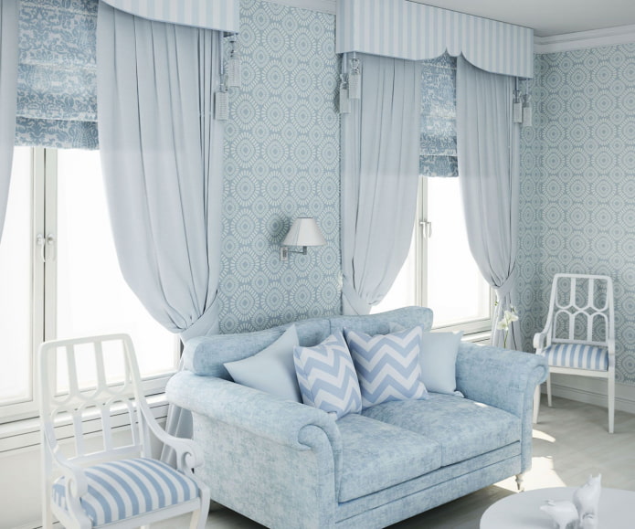 blue curtains and wallpaper